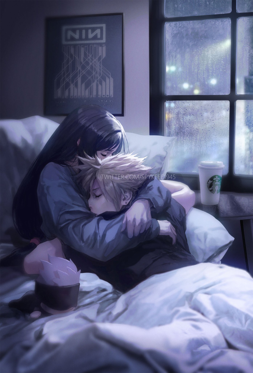 1boy 1girl black_hair black_shirt blonde_hair casual closed_eyes cloud_strife couple cuddling cup earrings english_commentary final_fantasy final_fantasy_vii hetero highres hug indoors jewelry long_hair long_sleeves low-tied_long_hair lying on_stomach pillow shirt single_earring sleeping spiked_hair spykeee starbucks stud_earrings swept_bangs tifa_lockhart twitter_username under_covers watermark window