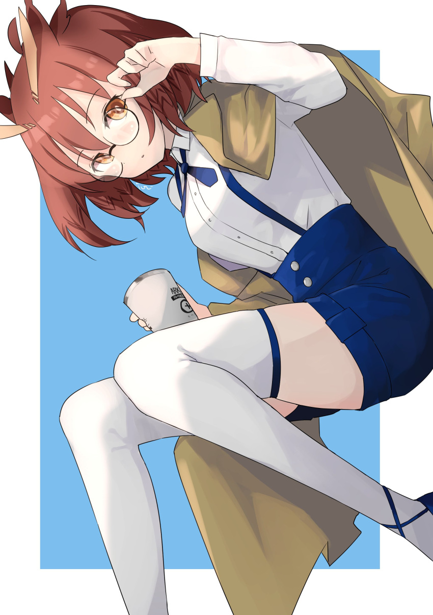 1girl absurdres alternate_costume arknights blue_background blue_shorts border breasts brown_coat brown_hair buttons coat coat_on_shoulders commentary cup disposable_cup feather_hair feet_out_of_frame glasses highres holding holding_cup iuri_(bungakuyomyom) long_sleeves looking_at_viewer medium_breasts orange_eyes parted_lips round_eyewear short_hair shorts silence_(arknights) simple_background skindentation solo suspender_shorts suspenders thighhighs white_thighhighs