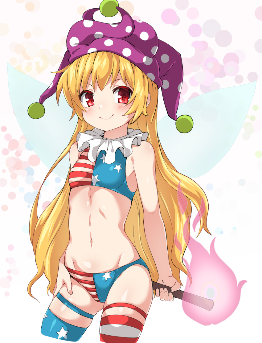 1girl american_flag_bikini bikini blonde_hair breasts clownpiece commentary contrapposto cropped_legs flag_print hat highres holding holding_torch huyusilver jester_cap long_hair looking_at_viewer navel neck_ruff polka_dot_headwear purple_headwear red_eyes small_breasts solo swimsuit thigh_strap torch touhou white_background