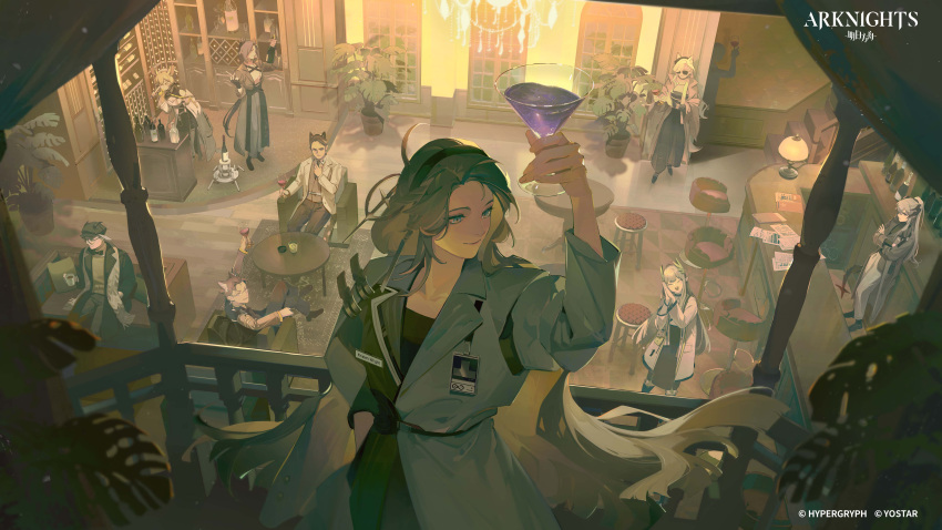 3boys 6+girls :d absurdres adjusting_clothes adjusting_necktie ahrens_(arknights) ameriya animal_ears arknights arm_up blue_eyes bottle bracelet breasts brown_hair candle chair chandelier checkered_floor choker cleavage closed_eyes coat cocktail_glass coffee_mug crossed_arms cup dorothy_(arknights) drinking_glass earrings elf ferdinand_(arknights) file glasses green_hair hat head_tilt highres holding holding_bottle holding_cup horns jara_(arknights) jewelry justin_(arknights) kristen_(arknights) lab_coat lamp looking_to_the_side mole mole_under_eye muelsyse_(arknights) mug multiple_boys multiple_girls name_tag nasti_(arknights) necktie open_clothes open_coat own_hands_together pants paper plant pointy_ears ponytail potted_plant purple_eyes purple_hair rug saria_(arknights) sitting smile stairs standing sunglasses swivel_chair table tail vase window