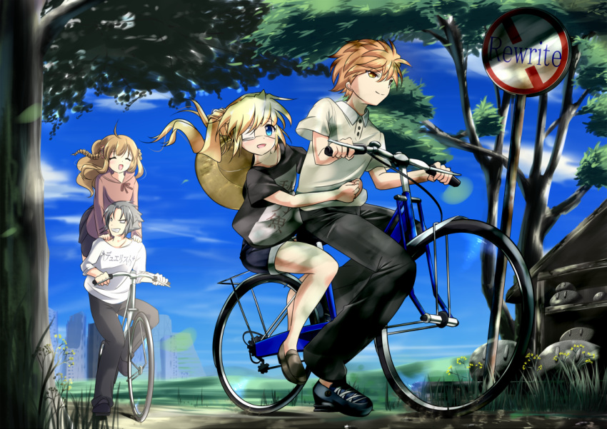 2boys 2girls :d ^_^ ahoge alternate_costume bicycle black_footwear black_shirt blonde_hair blue_eyes blue_shorts blue_sky blurry blush braid brown_hair casual clenched_teeth closed_eyes closed_mouth commentary_request company_connection copyright_name dango dango_daikazoku dappled_sunlight day depth_of_field eyepatch floating_hair food from_side grey_hair happy hat hood hood_down hoodie hug hug_from_behind kanbe_kotori key_(company) long_hair looking_afar looking_at_viewer multiple_boys multiple_girls multiple_riders nakatsu_shizuru one_eye_covered open_mouth orange_hair outdoors pink_hoodie rewrite riding riding_bicycle road_sign shirt short_hair short_sleeves shorts sign sky smile spiked_hair straw_hat summer sunlight tagame_(tagamecat) teeth tennouji_kotarou tree twin_braids twintails wagashi white_shirt yoshino_haruhiko