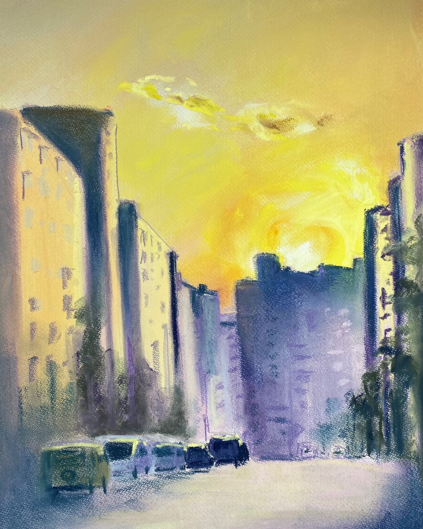 apartment building car city cloud cloudy_sky highres light motor_vehicle no_humans orange_sky original painting_(medium) road sakaue111 shadow sky street sun sunlight traditional_media watercolor_(medium)