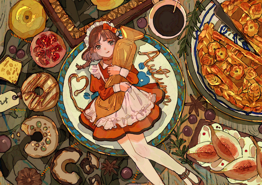 1girl :q apron autumn black_trim bow braid brown_footwear brown_hair choker closed_mouth collar collared_dress commentary_request cup doughnut dress english_text eyelashes food food_request foot_out_of_frame frilled_apron frills from_above fruit grey_eyes hair_bow heart highres holding icing juliet_sleeves light_blush long_sleeves looking_at_viewer lying maid_headdress object_request on_back original oversized_object pie plant plate pleated_dress pomegranate puffy_sleeves qooo003 red_bow red_choker red_dress sandals short_dress short_hair single_braid smile solo table tea teacup tongue tongue_out white_apron white_collar white_headdress