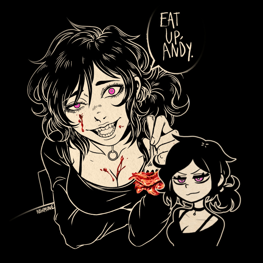absurdres artist_name ashley_graves black_background black_hair blood breasts choker cleavage food highres looking_at_viewer meat open_mouth pink_eyes rawmune speech_bubble teeth the_coffin_of_andy_and_leyley
