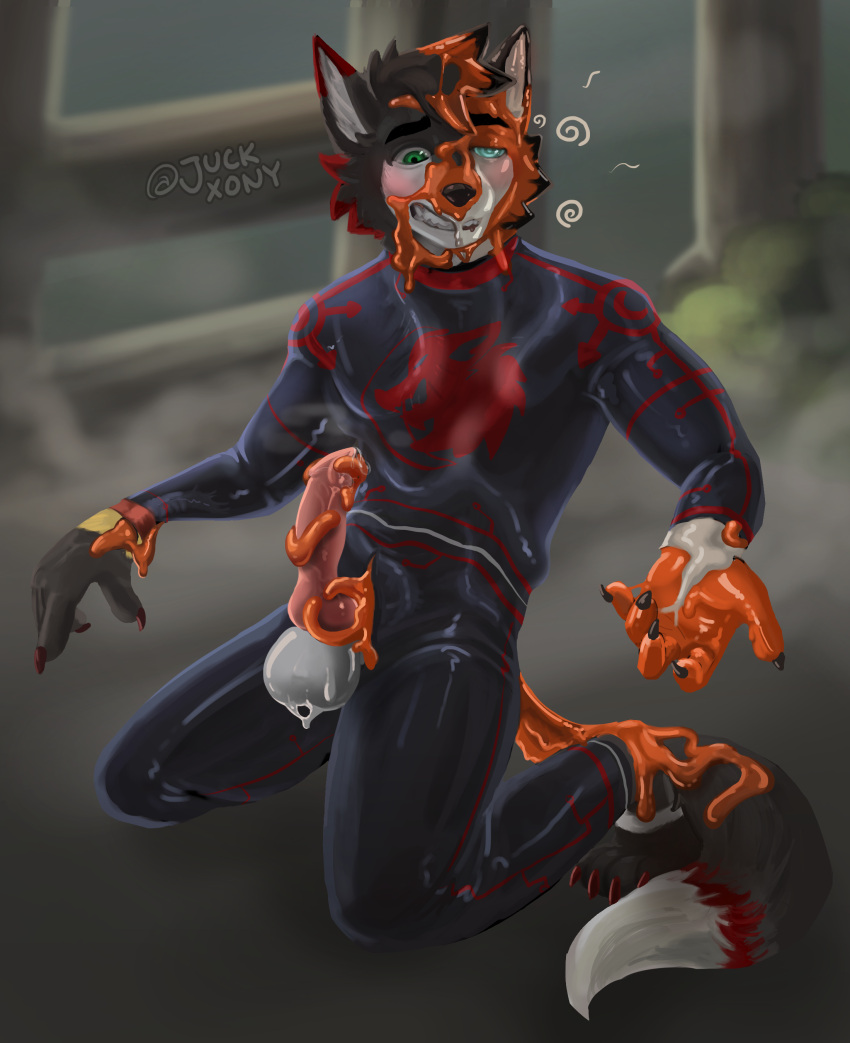 absurd_res anthro anthro_on_anthro aroused bodily_fluids canid canine claws clenched_teeth clothing full-length_portrait fur genital_fluids genitals goo_dripping goo_on_face goo_on_feet goo_on_penis goo_on_tail goo_tentacles hi_res hypnosis juckxony kite_(kitedafennec) kneeling male male/male mammal mind_control orange_goo penis portrait precum rubber_clothing rubber_suit slime suit takeover teeth tentacles