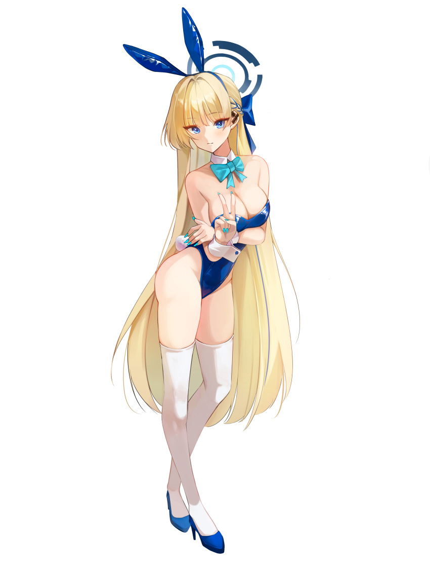 1girl absurdres animal_ears aqua_nails arm_under_breasts bare_shoulders blonde_hair blue_archive blue_bow blue_eyes blue_hairband blue_leotard bow bowtie braid breasts cleavage closed_mouth detached_collar earpiece fake_animal_ears full_body hairband halo high_heels highleg highleg_leotard highres large_breasts leotard long_hair official_alternate_costume official_alternate_hairstyle playboy_bunny rabbit_ears rabbit_tail simple_background solo tail thighhighs thighs toki_(blue_archive) toki_(bunny)_(blue_archive) v very_long_hair white_background white_thighhighs winterflower wrist_cuffs