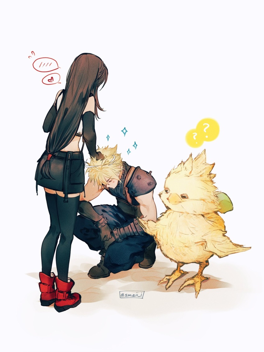 1boy 1girl ? armor baggy_pants bare_shoulders bird black_gloves black_hair black_skirt black_thighhighs blonde_hair blush boots chocobo closed_eyes cloud_strife commentary couple creature crop_top elbow_gloves final_fantasy final_fantasy_vii final_fantasy_vii_rebirth fingerless_gloves flying_sweatdrops gloves hand_on_another's_head headpat heart highres irony long_hair looking_at_another low-tied_long_hair maiii_(smaii_i) midriff pants red_footwear ribbed_sweater short_hair shoulder_armor simple_background single_bare_shoulder skirt sleeveless sleeveless_turtleneck sparkle spiked_hair spoken_blush spoken_heart spoken_question_mark squatting standing suspender_skirt suspenders sweater symbol-only_commentary tank_top thighhighs tifa_lockhart turtleneck turtleneck_sweater twitter_username very_long_hair white_tank_top zettai_ryouiki