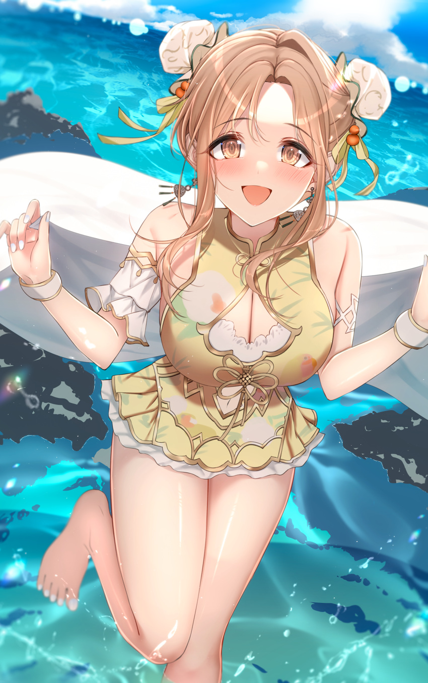 1girl absurdres arm_garter bare_legs barefoot blush breasts casual_one-piece_swimsuit cleavage double_bun fingernails hair_bun highres holding holding_towel ichikawa_hinana idolmaster idolmaster_shiny_colors large_breasts light_brown_hair looking_at_viewer nail_polish one-piece_swimsuit parted_bangs sidelocks smile solo standing standing_on_one_leg swimsuit toes towel wristband yellow_one-piece_swimsuit yzk_knmn