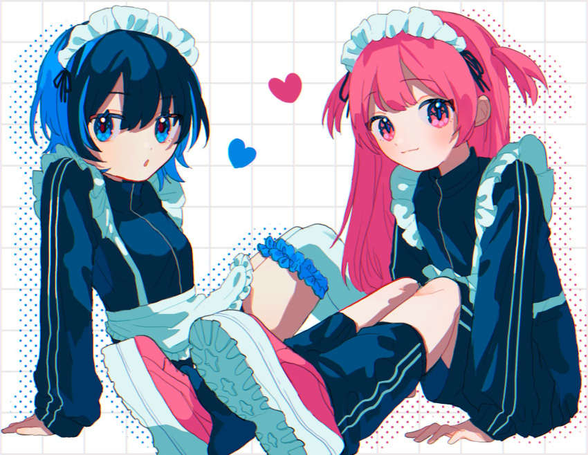 2girls apron black_jacket black_leg_warmers black_shorts blue_eyes blue_hair breasts closed_mouth double_vertical_stripe frilled_apron frilled_thighhighs frills heart highres jacket knees_up leg_warmers long_hair long_sleeves looking_at_viewer maid maid_apron maid_headdress matching_outfits multiple_girls nagomi_(_nagomi_) original over-kneehighs pink_eyes pink_footwear pink_hair shoes short_hair shorts sitting small_breasts sneakers straight_hair thighhighs track_jacket two_side_up unconventional_maid white_apron white_thighhighs