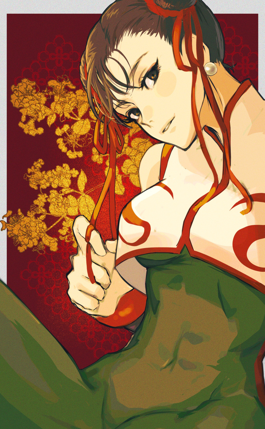 1girl absurdres bangs bare_shoulders bracelet breasts brown_eyes brown_hair chinese_clothes chun-li covered_abs double_bun earrings eyelashes floral_background hair_bun highres hitsuji_kusa holding holding_ribbon jewelry looking_at_viewer medium_breasts parted_lips pearl_earrings red_ribbon red_trim ribbon skin_tight sleeveless solo street_fighter street_fighter_zero_(series) toned unitard upper_body
