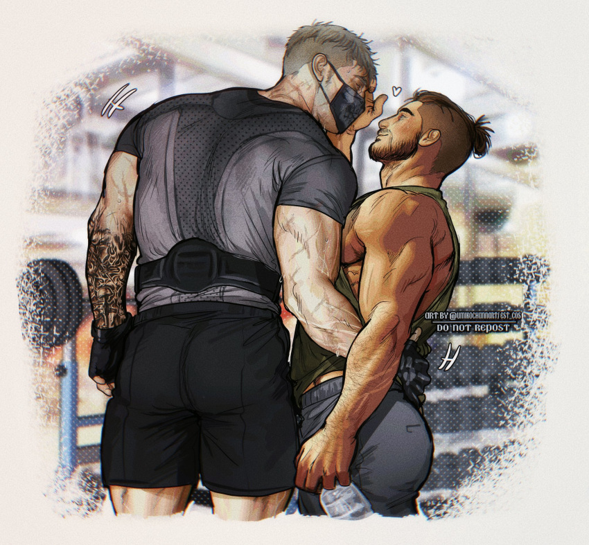 2boys arm_hair arm_tattoo artist_name ass bara beard blurry blurry_background call_of_duty call_of_duty:_modern_warfare_2 dumbbell facial_hair feet_out_of_frame fingerless_gloves ghost_(modern_warfare_2) gloves gym gym_shorts gym_uniform hand_on_another's_face hand_on_another's_hip heart highres huge_ass implied_yaoi looking_at_another male_focus manly mask mature_male military military_vehicle mohawk motor_vehicle multiple_boys muscular muscular_male pectorals scar shirt shorts sidepec signature soap_(modern_warfare_2) sweat sweatdrop t-shirt tank tattoo thick_arms thick_eyebrows thick_thighs thighs twitter_username umikochannart undercut yaoi