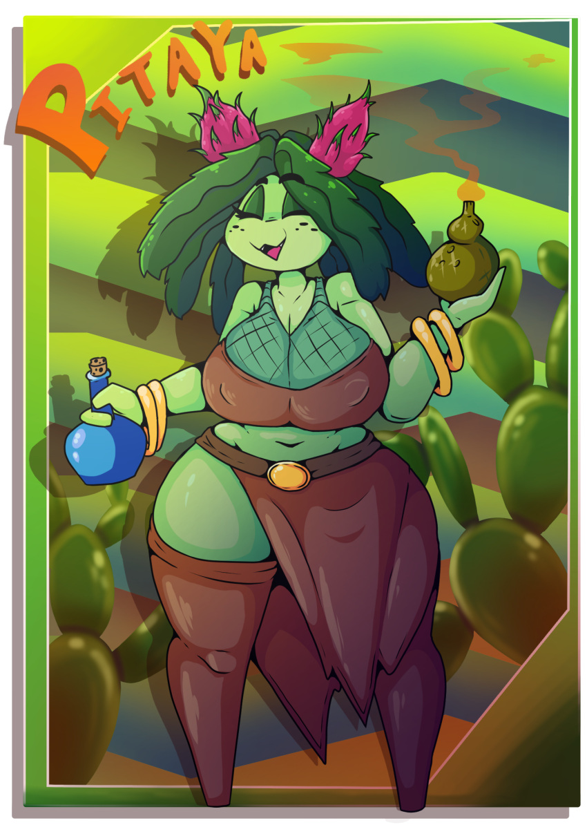 abstract_background anthro belt big_breasts bottle bracelet breasts cactus clothing container dragon_fruit elemental_creature fan_character flora_fauna food freckles fruit green_body hi_res iguanasacercool jewelry open_mouth plant thick_thighs wide_hips