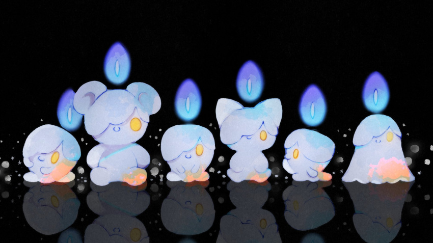 black_background blue_fire candle closed_mouth fire highres lil litwick looking_at_another looking_at_viewer no_humans pokemon pokemon_(creature) reflection sitting smile yellow_eyes