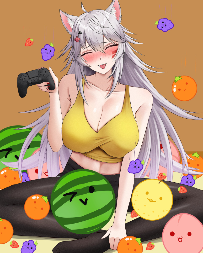 1girl absurdres ahoge animal_ear_fluff animal_ears blush breasts cleavage closed_eyes closed_mouth controller d-pad d-pad_hair_ornament food fruit fruit_request game_controller grapes grey_hair hair_ornament highres holding holding_controller holding_game_controller kagaya_illust large_breasts long_hair looking_at_viewer nail_polish orange_(fruit) red_nails shirt smile strawberry suika_game tongue tongue_out virtual_youtuber vshojo watermelon wolf_ears yellow_shirt zentreya zentreya_(mmo_zen)