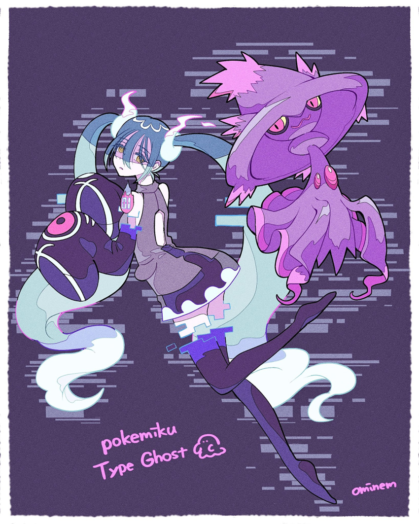1girl aqua_hair back_cutout bare_shoulders black_thighhighs clothing_cutout floating ghost ghost_miku_(project_voltage) glitch gradient_hair hatsune_miku highres long_hair looking_at_viewer mismagius multicolored_hair ominemmist pale_skin pokemon pokemon_(creature) project_voltage see-through see-through_skirt skirt sleeves_past_fingers sleeves_past_wrists thighhighs twintails very_long_hair vocaloid will-o'-the-wisp_(mythology) yellow_eyes