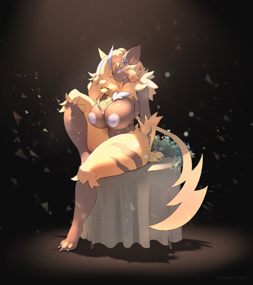 5_fingers absurd_res accessory anthro areola arm_tuft aurora_(nbanoob) big_breasts black_body black_fur blonde_hair blue_areola blue_body blue_eyes blue_flower blue_fur breasts chest_tuft claws clothing curvy_figure dress elbow_tuft felid female feretto_chan finger_claws fingers flower flower_in_hair flower_on_head fur generation_7_pokemon hair hair_accessory hi_res huge_breasts legendary_pokemon mammal nintendo nipples nude pinup plant pokemon pokemon_(species) pose simple_background smile solo tail text thick_thighs tuft whiskers yellow_body yellow_fur zeraora