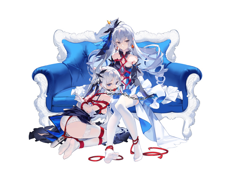 2girls arms_behind_back ass ball_gag bdsm blue_eyes bondage bound breasts bronya_rand bronya_zaychik chain crossed_bangs drill_hair earrings elbow_gloves gag gagged gloves grey_eyes grey_hair hair_ornament highres hitachi_magic_wand honkai_(series) honkai_impact_3rd jewelry kneeling long_hair looking_at_viewer medium_breasts multiple_girls panties red_flowers sex_toy shibari shibari_over_clothes sitting thighhighs twin_drills underwear vibrator white_gloves white_panties white_thighhighs