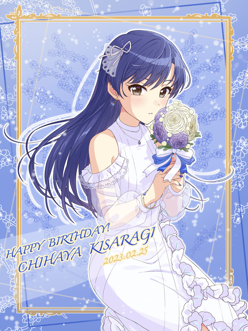 1girl absurdres blue_gemstone blue_hair blue_ribbon blush bouquet brown_eyes character_name clothing_cutout dated dress earrings flower framed gem hair_ribbon highres holding holding_bouquet idolmaster idolmaster_(classic) jewelry kisaragi_chihaya long_dress long_hair long_sleeves necklace outline parted_lips purple_flower ribbon see-through see-through_sleeves shiro_(ongrokm) shoulder_cutout solo straight_hair very_long_hair white_dress white_flower white_ribbon