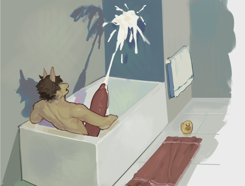 alexyz_kun anthro athletic athletic_anthro athletic_male bathroom bathtub big_penis bodily_fluids cum cumshot dragon ejaculation erection fur furred_dragon genital_fluids genitals hi_res huge_penis male penis solo towel unit_04