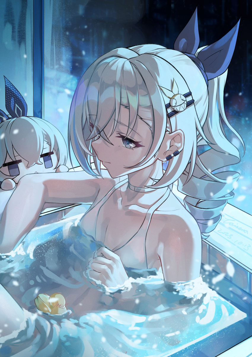 2girls absurdres bathtub bikini blue_pupils bow caisena chibi choker drill_hair drill_ponytail earclip grey_eyes grey_hair hair_bow hair_ornament hairclip highres homu_(honkai_impact) honkai:_star_rail honkai_(series) multiple_girls partially_submerged rubber_duck silver_wolf_(honkai:_star_rail) swimsuit white_bikini window