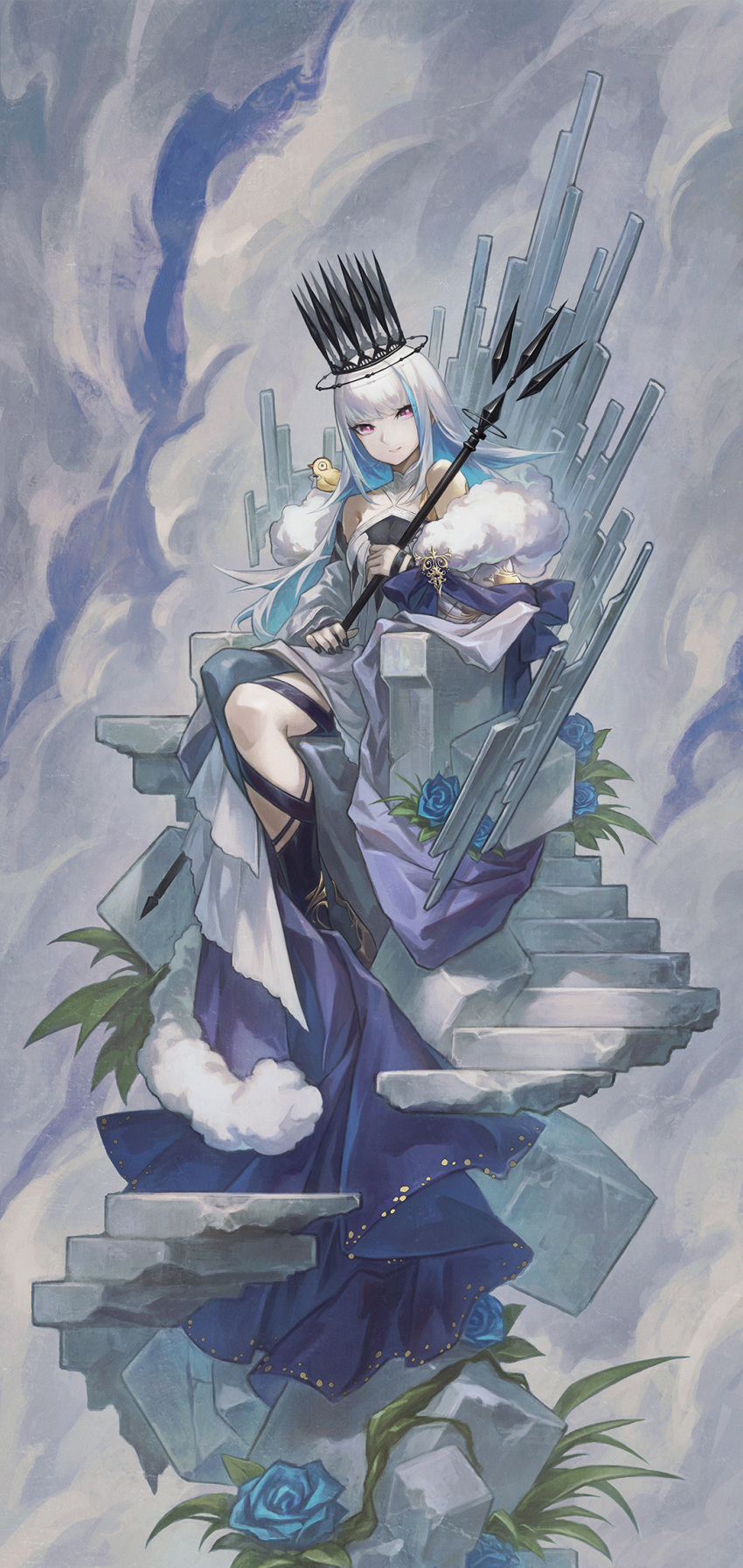 1girl a-er_(akkij0358) animal_on_shoulder asymmetrical_legwear bare_shoulders bird bird_on_shoulder black_nails blue_flower blue_rose cloud colored_inner_hair crown dress flower fur_trim gown halterneck highres holding holding_staff layered_dress lize_helesta looking_at_viewer multicolored_hair nijisanji purple_eyes rose sebastian_piyodore sitting sleeveless smile solo staff the_empress_(tarot) throne virtual_youtuber white_hair