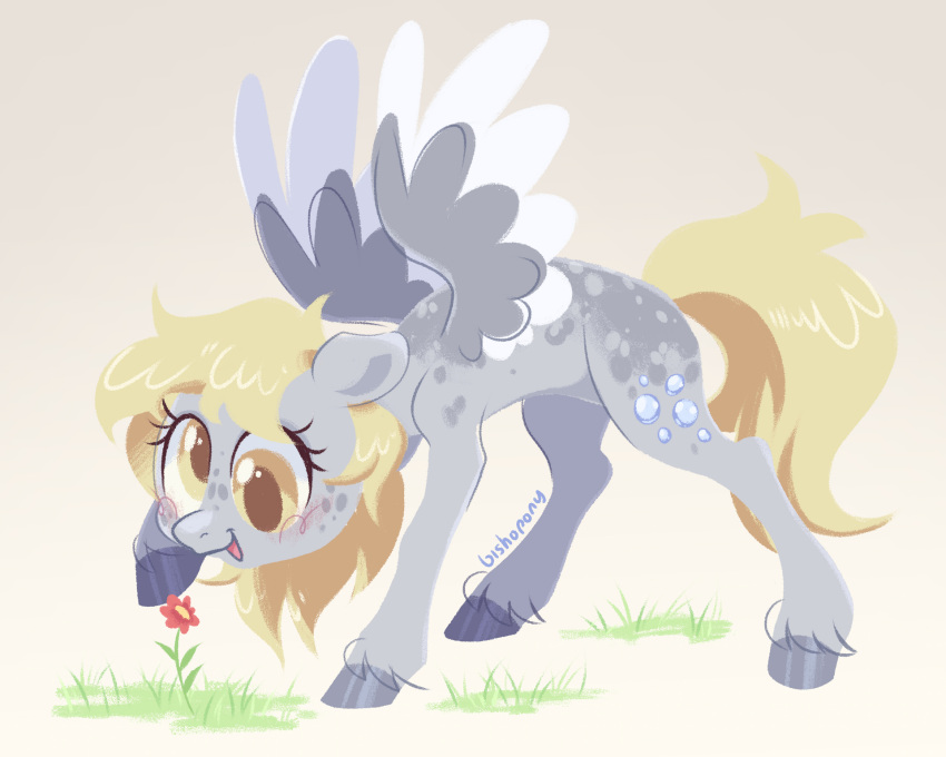 2023 5:4 bishopony blonde_hair blonde_mane cutie_mark derp_eyes derpy_hooves_(mlp) digital_media_(artwork) equid equine eyelashes feathered_wings feathers feral fetlocks flower friendship_is_magic fur grass grey_body grey_feathers grey_fur hair hasbro hi_res hooves looking_down mammal mane my_little_pony pegasus plant signature solo tail wings yellow_eyes yellow_tail