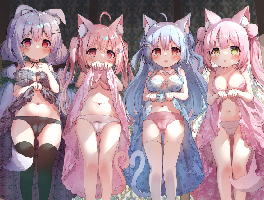 4girls ahoge animal_ear_fluff animal_ears babydoll black_babydoll black_panties black_thighhighs blue_babydoll blue_hair blue_ribbon blush bone_hair_ornament breasts cameltoe cat_ears cat_girl cat_tail closed_mouth dog_ears dog_girl dog_tail double_bun feet_out_of_frame fish_hair_ornament food-themed_hair_ornament green_eyes hair_bun hair_ornament hair_ribbon hairclip heterochromia highres large_breasts long_hair low_twintails multiple_girls navel original panties parted_lips pink_babydoll pink_eyes pink_hair pink_panties pink_ribbon red_eyes ribbon siera_(sieracitrus) standing strawberry_hair_ornament tail thighhighs twintails two_side_up underwear underwear_only white_panties white_thighhighs yellow_eyes