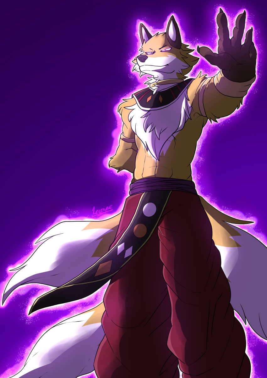 2022 3_tails 5_fingers absurd_res anthro athletic athletic_anthro athletic_male biped bottomwear canid canine chest_tuft clothed clothing dipstick_tail dragon_ball dragon_ball_super fingers fox front_view fur glowing glowing_eyes hi_res leodyne liquiir male mammal markings multi_tail multicolored_body multicolored_fur pants portrait purple_background signature simple_background smile solo tail tail_markings three-quarter_portrait topless tuft two_tone_body two_tone_fur white_body white_fur yellow_body yellow_fur