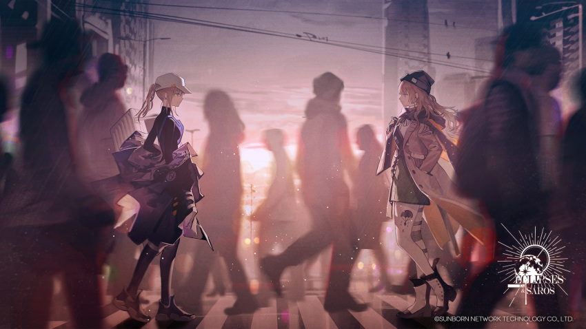 2girls baseball_cap beanie boots crosswalk crowd girls'_frontline hands_in_pockets hat highres long_hair looking_at_another multiple_girls official_art official_wallpaper scar-h_(girls'_frontline) scar-l_(girls'_frontline) scarf siblings sisters sunset tactical_clothes turtleneck_bodysuit