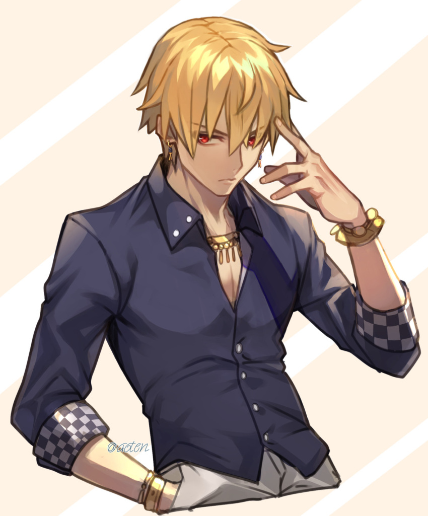 1boy aoten_(aoiroarekore) blonde_hair bracelet buttons checkered_clothes collared_shirt commentary_request cowboy_shot dress_shirt earrings fate/grand_order fate_(series) fingernails gilgamesh_(fate) gold_bracelet gold_earrings gold_necklace hand_in_pocket hand_up highres jewelry long_sleeves male_focus necklace red_eyes shirt short_hair sleeves_past_elbows solo twitter_username two-tone_background