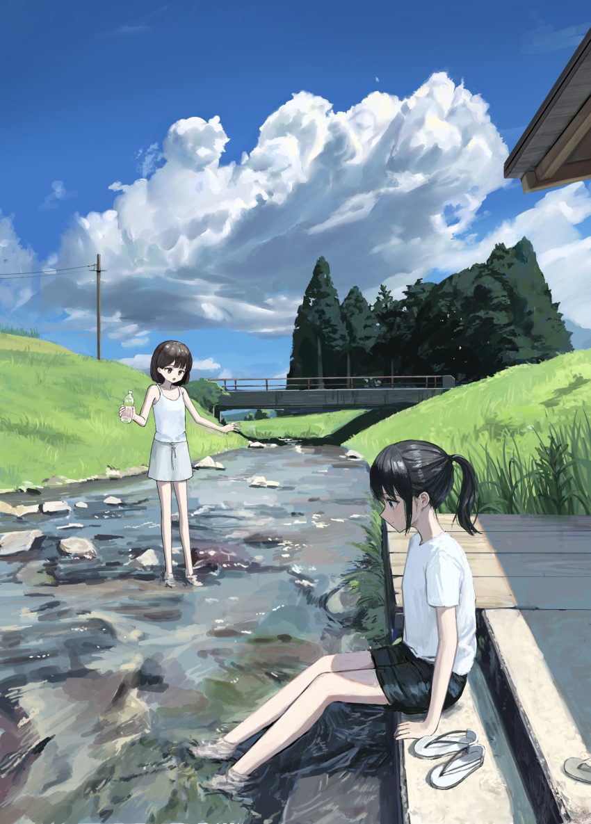 2girls absurdres black_hair black_shorts blue_sky bottle brown_eyes brown_hair camisole cloud day highres holding holding_bottle multiple_girls original outdoors ponytail power_lines rural sakiika0513 sandals sandals_removed shirt shorts skirt sky soaking_feet stream tree utility_pole water water_bottle white_shirt white_skirt