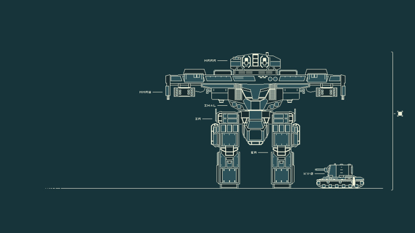 absurdres battle_of_titans blueprint_(medium) cannon chinese_text diagram height_chart highres ironbeta kv-2 mecha mechanical_legs military_vehicle motor_vehicle naval_guns number_print pixel_art robot rocket_launcher science_fiction size_comparison tank tirpitz_(battle_of_titans) walker weapon