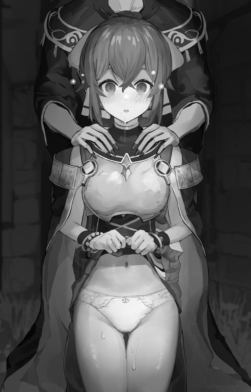 1boy 1girl absurdres armor bare_shoulders bow bracelet breastplate cape clothes_lift cum delthea_(fire_emblem) dress empty_eyes facial fingernails fire_emblem fire_emblem_echoes:_shadows_of_valentia hair_bow highres jewelry lifted_by_self long_hair looking_at_viewer mind_control navel open_mouth panties ponytail robe skirt skirt_lift underwear yomogi_(mayonaka_030)