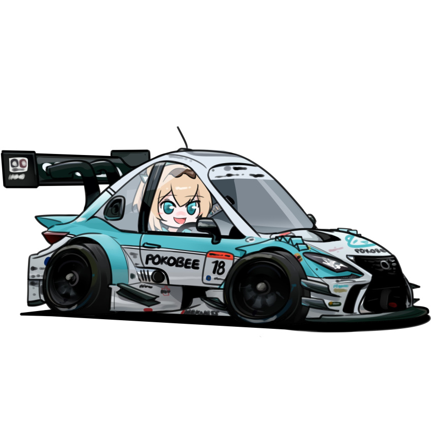 1girl absurdres blonde_hair blue_eyes car chibi from_side highres holeecrab kazama_iroha lexus lexus_rc_f logo looking_at_viewer motor_vehicle pokobee ponytail race_vehicle racecar radio_antenna simple_background smile spoiler_(automobile) sponsor super_gt tamiya_incorporated tom's_racing vehicle_focus white_background