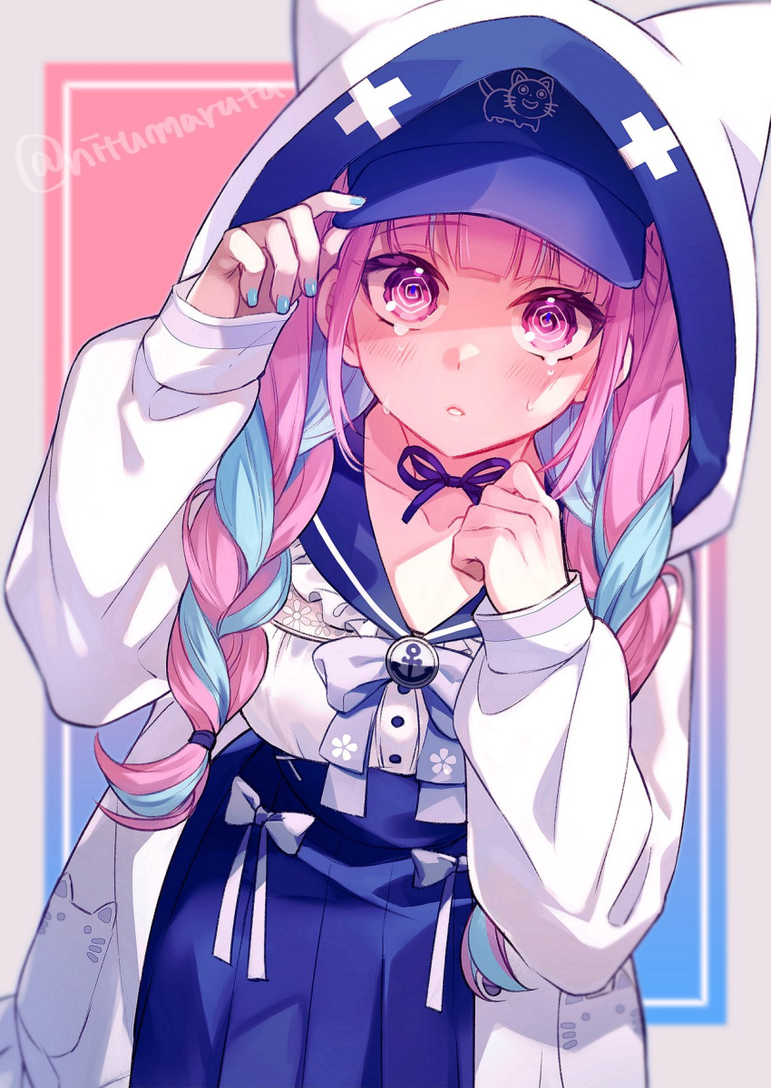1girl @_@ anchor_print anchor_symbol animal_hood baseball_cap blue_background blue_hair blue_headwear blue_nails blue_ribbon blue_sailor_collar blue_skirt blunt_bangs blurry blurry_background blush border bow bow_skirt bowtie braid breasts clenched_hand collarbone commentary crying crying_with_eyes_open frilled_shirt_collar frills gradient_background grey_border hands_up hat highres holding holding_clothes holding_hat hololive hood hood_up hooded_jacket jacket long_sleeves looking_at_viewer medium_breasts minato_aqua minato_aqua_(5th_costume) multicolored_hair nail_polish neck_ribbon nitumaruta official_alternate_costume official_alternate_hairstyle open_clothes open_jacket open_mouth pink_background pink_eyes pink_hair pleated_skirt puffy_long_sleeves puffy_sleeves purple_bow purple_bowtie ribbon sailor_collar skirt solo streaked_hair symbol-only_commentary tearing_up tears twin_braids twitter_username two-tone_hair virtual_youtuber white_jacket