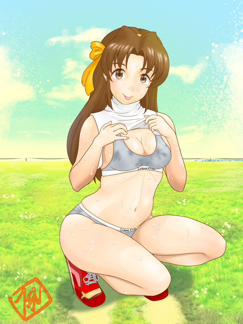 1girl absurdres bare_legs breasts brown_eyes brown_hair buruma cleavage clothes_lift cloud commentary_request day felniam grass hair_ribbon highres long_hair looking_at_viewer navel original outdoors red_footwear ribbon shirt shirt_lift shoes signature sky sleeveless sleeveless_shirt sleeveless_turtleneck small_breasts sports_bra sportswear squatting stomach sweat sweat_stain sweaty_clothes tongue tongue_out turtleneck very_sweaty yellow_ribbon