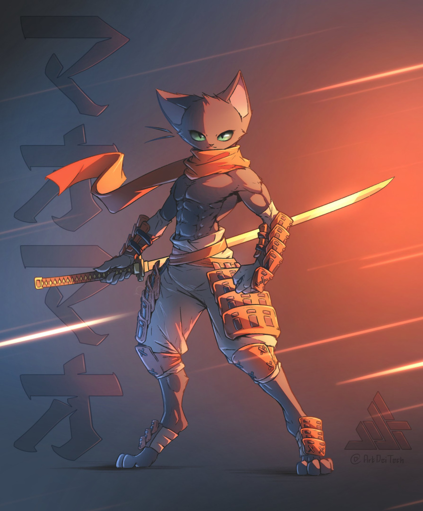 abs anthro artdeitech cartoon_network clothed clothing domestic_cat felid feline felis hi_res male mammal mao_mao:_heroes_of_pure_heart melee_weapon muscular muscular_male sheriff_mao_mao_mao solo sword topless weapon