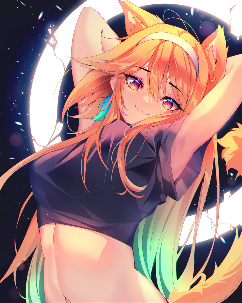 1girl absurdres animal_ear_fluff animal_ears armpits arms_behind_head black_shirt breasts cat_ears cat_tail crop_top earrings feather_earrings feathers gradient_hair green_hair hairband highres hololive hololive_english jewelry linea_alba long_hair multicolored_hair navel orange_hair pink_eyes shirt tail takanashi_kiara the0neulost upper_body virtual_youtuber white_hairband