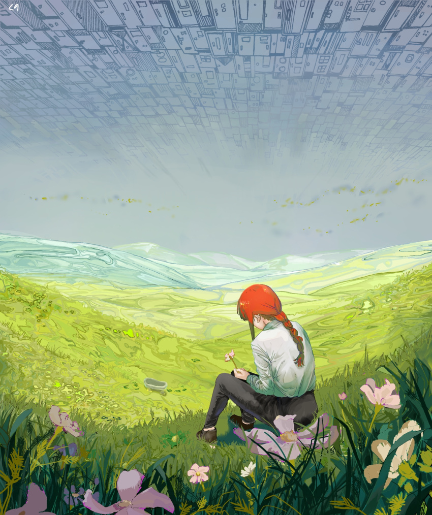 1girl bathtub black_footwear black_pants braid braided_ponytail business_suit chainsaw_man collared_shirt door facing_away flower formal from_behind grass hair_behind_ear hell_(chainsaw_man) highres hill holding holding_flower horizon kuno_(9_1_kuno_ichi) landscape long_sleeves looking_at_flowers looking_at_object looking_down makima_(chainsaw_man) medium_hair no_socks office_lady outdoors pants pink_flower red_hair scenery shirt shirt_tucked_in sidelocks sitting solo suit white_flower white_shirt