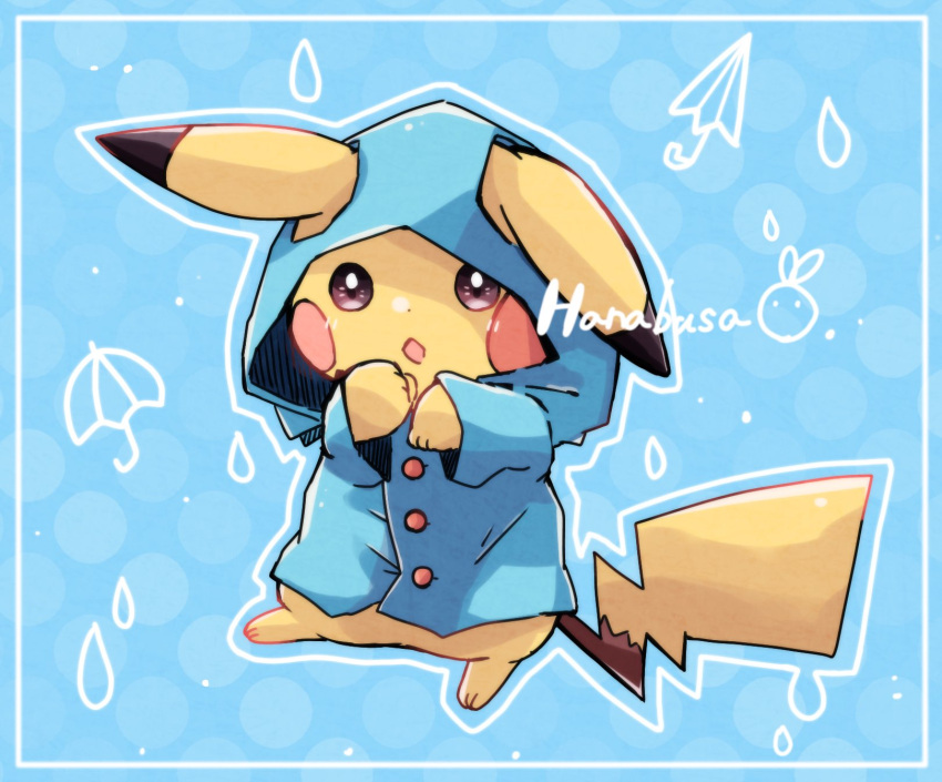 :o animal_focus blue_raincoat border buttons colored_skin commentary_request dot_nose hanabusaoekaki highres no_humans pikachu pokemon pokemon_(creature) solid_oval_eyes tail umbrella water_drop white_border yellow_skin