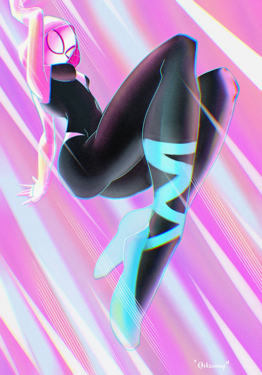 1girl absurdres aqua_footwear ass ballet_slippers bodysuit breasts gwen_stacy highres hood hooded_bodysuit itszenvy marvel medium_breasts pink_background pink_theme silk skin_tight spider-gwen spider-man:_across_the_spider-verse spider-man:_into_the_spider-verse spider-man_(series) spider_web spider_web_print superhero