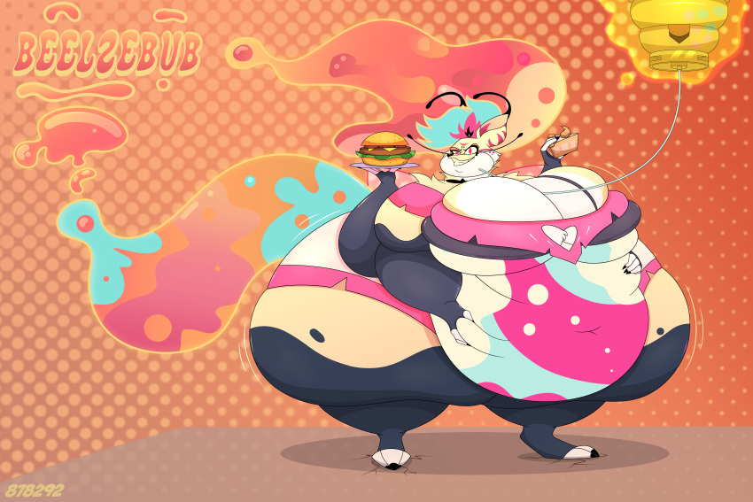 2023 4_arms 878292_(artist) absurd_res antennae_(anatomy) anthro arthropod bee belly big_belly big_breasts breasts burger cake cake_slice canid canine claws cleavage clenched_teeth clothed clothing cracked_ground cracks dessert fangs female food fox hand_on_stomach hanging_belly helluva_boss hi_res holding_cake holding_food holding_object holding_plate hybrid hymenopteran insect looking_at_viewer mammal morbidly_obese morbidly_obese_anthro morbidly_obese_female multi_arm multi_limb navel obese obese_anthro obese_female overweight overweight_anthro overweight_female queen_bee-lzebub_(helluva_boss) signature smile smiling_at_viewer solo standing teeth text thick_thighs wide_hips