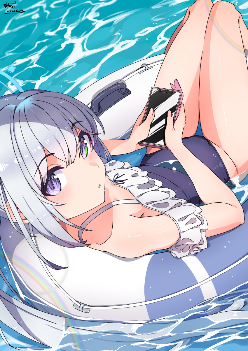 1girl :o absurdres bare_shoulders blue_archive blue_one-piece_swimsuit blush cellphone commentary_request dated frilled_one-piece_swimsuit frills halo highres holding holding_phone innertube lens_flare long_hair looking_at_viewer looking_back lying miyako_(blue_archive) miyako_(swimsuit)_(blue_archive) ocean off-shoulder_one-piece_swimsuit off_shoulder official_alternate_costume one-piece_swimsuit open_mouth partial_commentary phone ponytail purple_eyes sidelocks signature smartphone smartphone_case solo spaghetti_strap sunebu_(snake_boo2) swimsuit thigh_gap very_long_hair white_hair