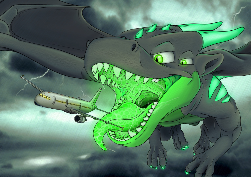 2018 3_toes 4_eyes 4_toes aircraft airplane bioluminescence black_body black_scales bodily_fluids claws cloudscape colored digital_drawing_(artwork) digital_media_(artwork) dragon electricity fandroit feet feral flying glowing green_body green_eyes green_mouth green_scales green_tongue hi_res horn jet lightning lightning_bolt lights macro male multi_eye open_mouth quattro_(fandroit) raining saliva saliva_on_tongue saliva_string scales size_difference sky solo storm teeth toes tongue tongue_out wings
