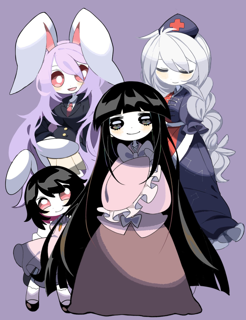 4girls absurdly_long_hair animal_ears black_hair blunt_bangs blunt_ends blush_stickers dmebgsa3 grey_hair highres houraisan_kaguya inaba_tewi long_hair looking_at_viewer multiple_girls purple_background purple_hair rabbit_ears reisen_udongein_inaba simple_background smile touhou very_long_hair yagokoro_eirin