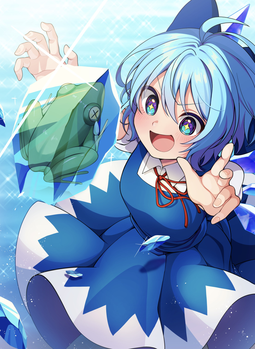 +_+ 1girl absurdres ahoge animal blue_bow blue_dress blue_eyes blue_hair blush bow cirno collared_shirt dress emoriza fairy fingernails frog frozen_frog hair_between_eyes hair_bow highres ice ice_wings open_mouth shirt short_hair short_sleeves smile solo touhou white_shirt wings