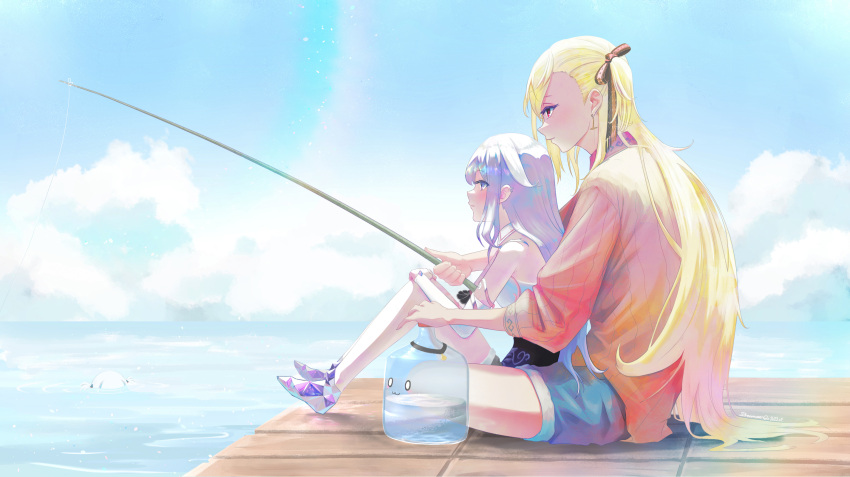 2girls blonde_hair cloud cloudy_sky colored_inner_hair dreamoon131 dress fishing fishing_line fishing_rod from_side grey_hair highres holding holding_fishing_rod hololive hololive_english hololive_indonesia jewel_under_eye kaela_kovalskia koseki_bijou long_hair multicolored_hair multiple_girls purple_eyes red_eyes sitting sitting_on_lap sitting_on_person sky smile virtual_youtuber white_bridal_gauntlets white_dress