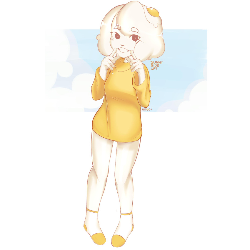 1girl absurdres artist_name borrowed_character breasts commentary egg_(food) egg_(lemyawn) english_commentary fingersmile food fried_egg full_body grin highres medium_breasts monster_girl nicuoi original signature slime_girl smile socks solo sweater yellow_sweater