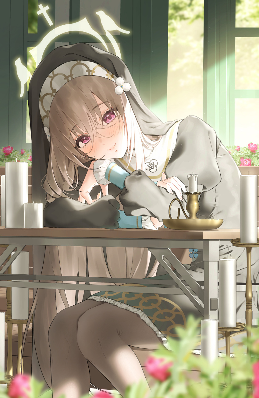 1girl bibi_(user_egtz4573) blue_archive blush candle candlestand closed_mouth commentary crossed_bangs desk flower frilled_sleeves frills grey_hair habit hair_between_eyes halo highres indoors leaning_forward long_sleeves nun pantyhose purple_eyes sakurako_(blue_archive) sitting smile symbol-only_commentary