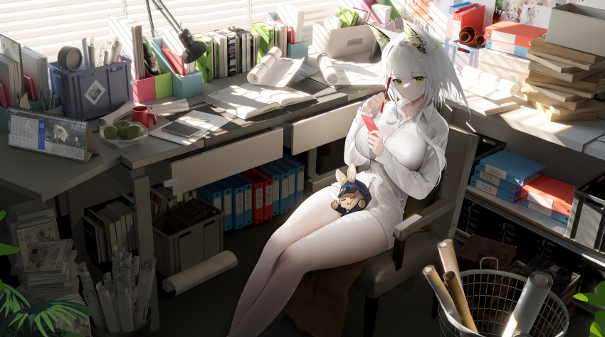 1girl :/ absurdres animal_ear_fluff animal_ears apple arknights autodesk_3ds_max_(medium) bare_legs blinds blueprint_(object) book book_stack breasts buttons calendar_(object) cat_ears character_doll chinese_commentary closed_mouth collared_shirt cup desk desk_lamp doctor_(arknights) feet_out_of_frame folder food fruit green_eyes highres holding holding_paper holding_pen kal'tsit_(arknights) lamp large_breasts long_sleeves looking_at_viewer medium_hair mug naked_shirt omone_hokoma_agm open_book paper pen photoshop_(medium) psd_available qr_code shirt sidelighting sitting solo stuffed_animal stuffed_rabbit stuffed_toy thick_thighs thighs white_hair white_shirt